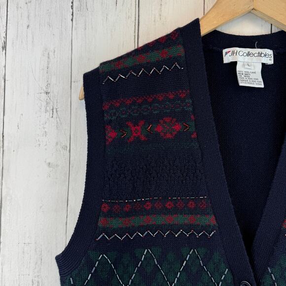 VTG JH Collectibles Blue Wool Fair Isle Beaded Button-Up Sweater Vest Size Large - Picture 2 of 13